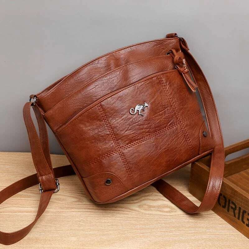 Bolsa de ombro de grande capacidade com vários bolsos e mensageiro de couro macio