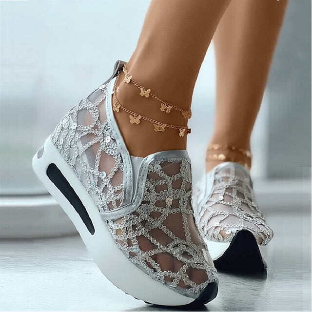 Sapatos femininos casuais de verão com lantejoulas e cunha