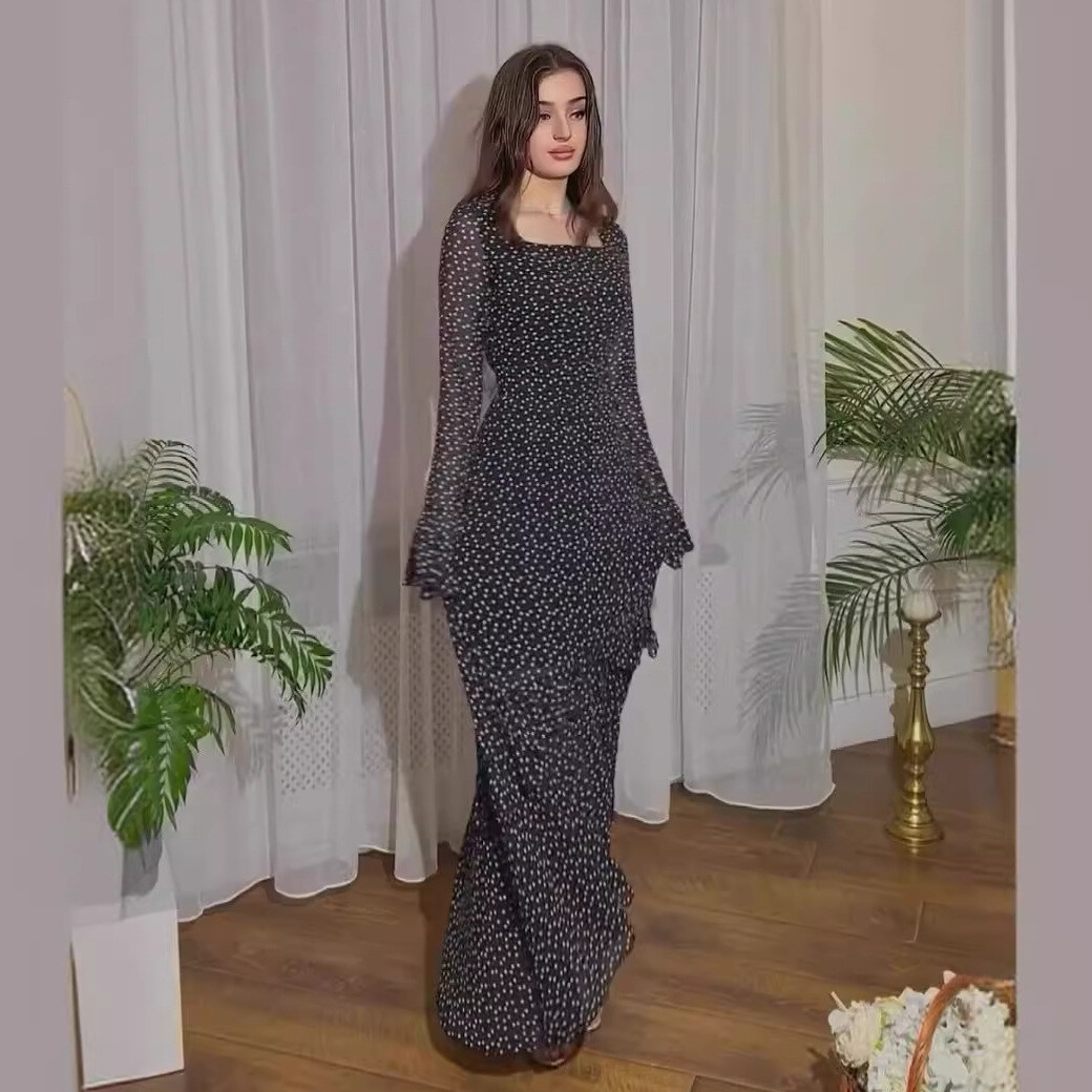 Colete francês retrô estampado gola quadrada mangas trompete elegante vestido longo
