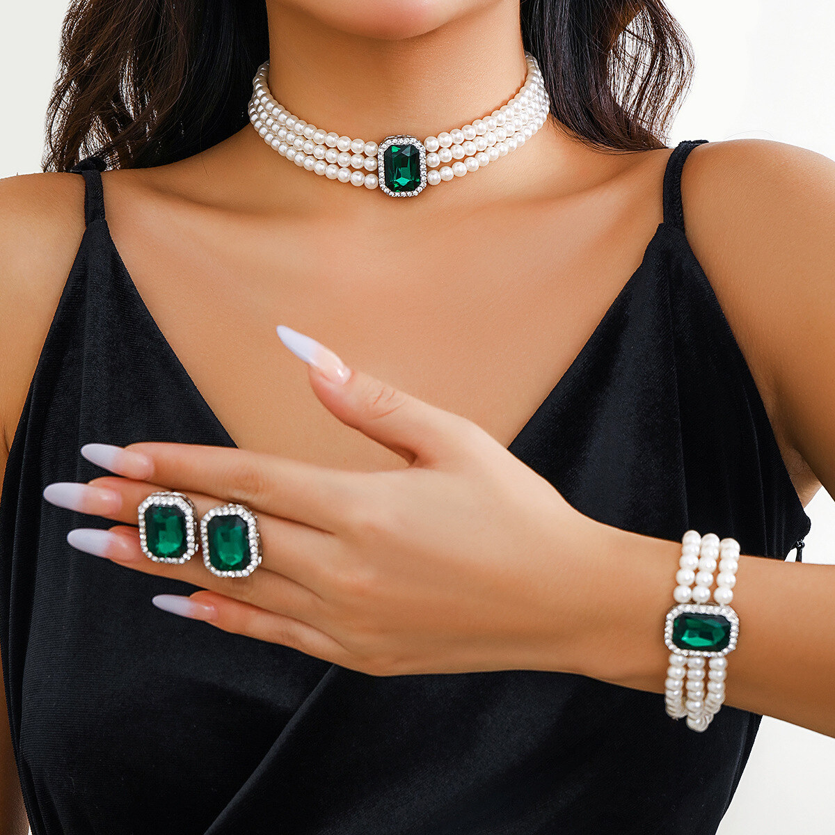 Colar de pérolas elegante francês em várias camadas, conjunto de colar de pedra de joias elegante e luxuoso