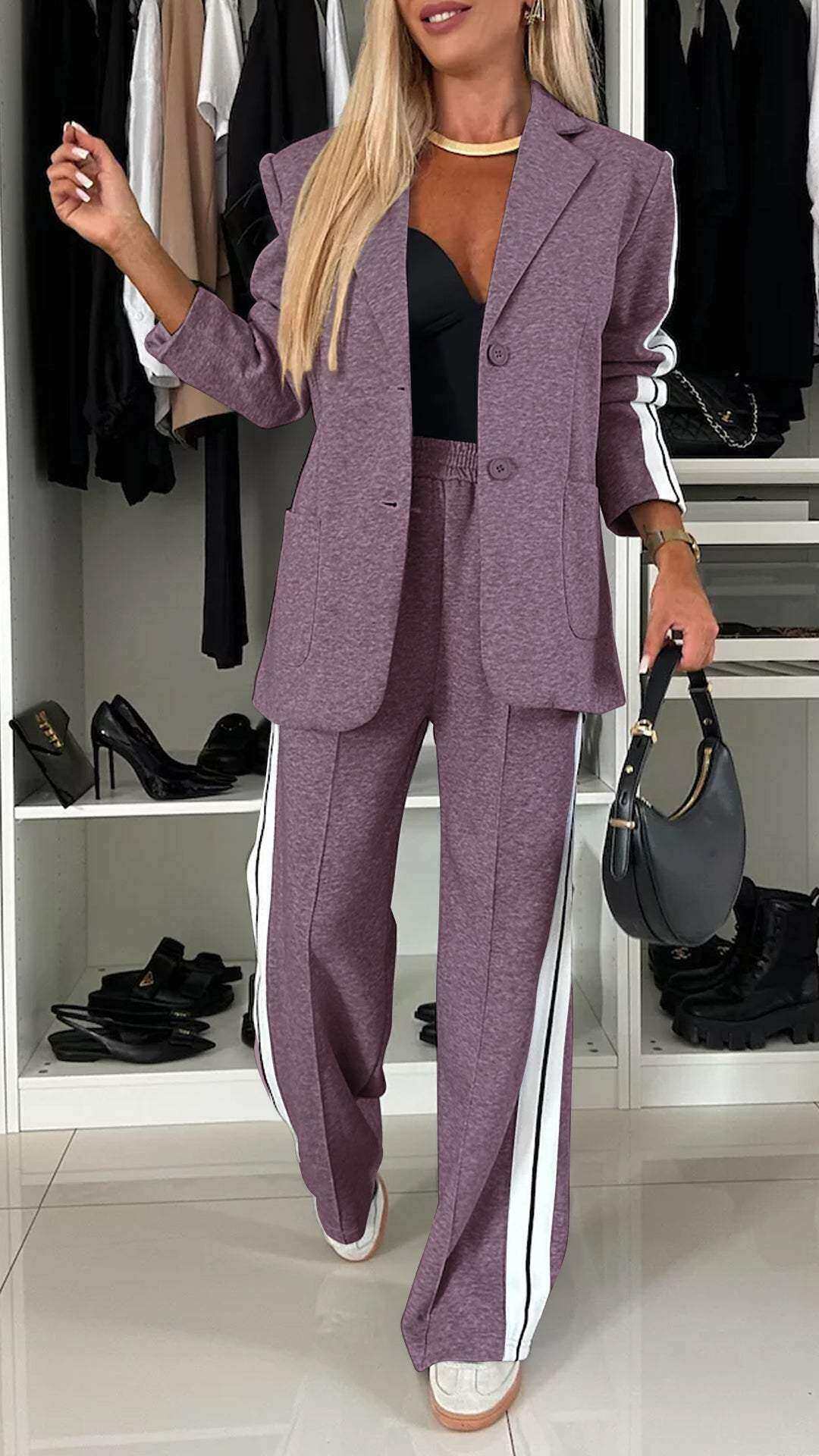Conjunto casual feminino de duas peças com lapelas e mangas compridas