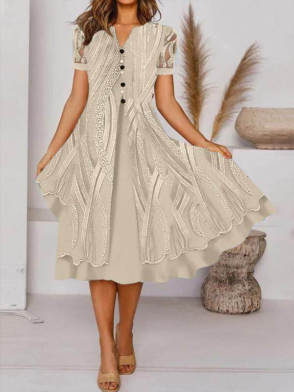 Botão casual com decote em V com decote em V com manga curta vestido midi