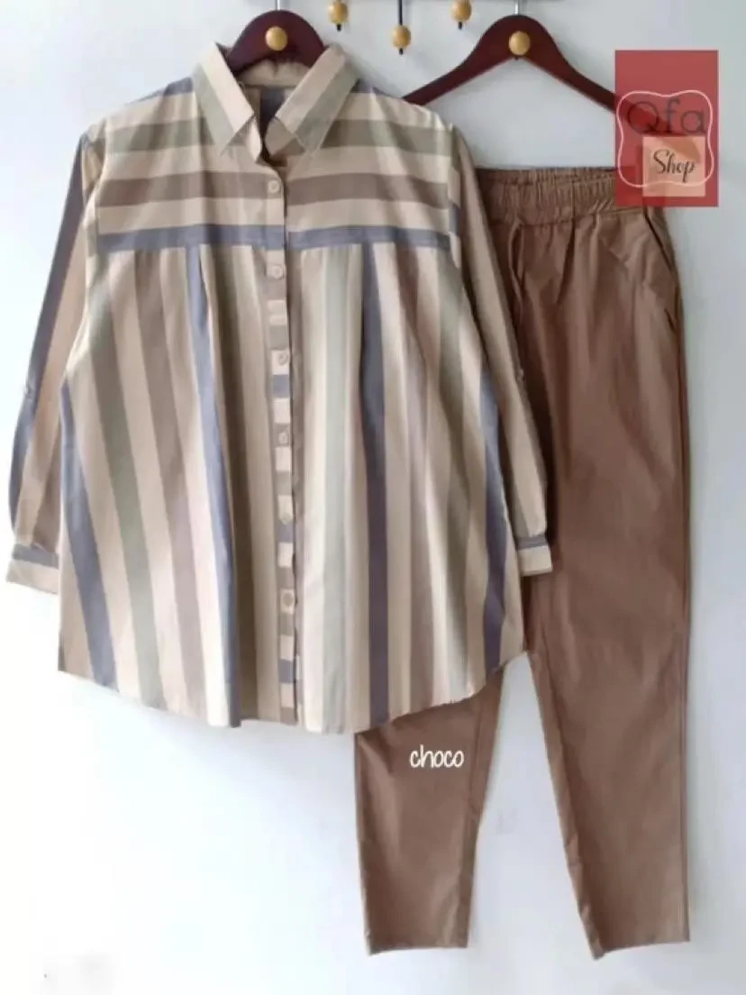 【S-4XL】Conjunto de 2 peças com listras coloridas de baixa saturação