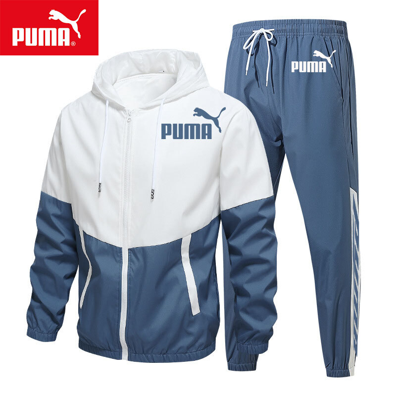 PUMA Férfi Kétrészes Lezser Öltöny, Stílusos Színblokkos Kapucnis Pulóver Cipzárral, Légáteresztő Egyszínű Húzózsinóros Nadrág