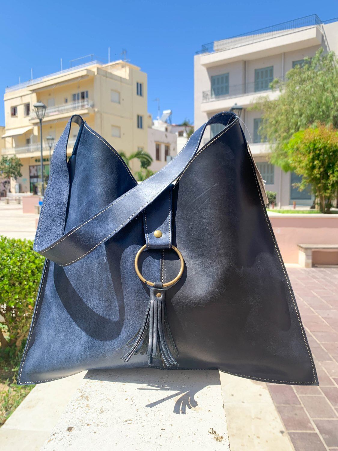 Δερμάτινη τσάντα ώμου μπλέ/μαύρο