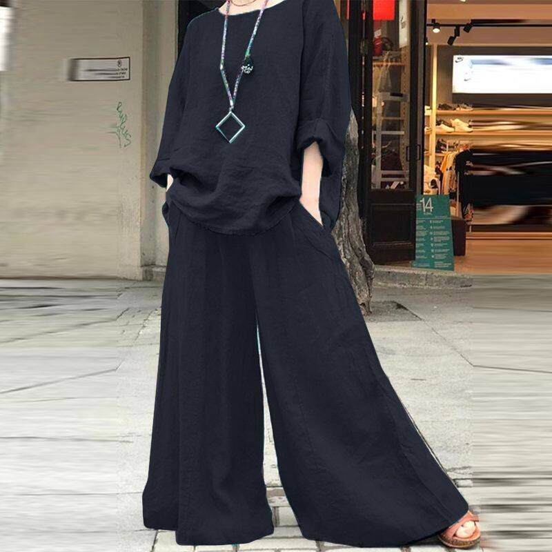 Conjunto feminino de duas peças moda casual algodão linho conjunto de linho de algodão de cor sólida