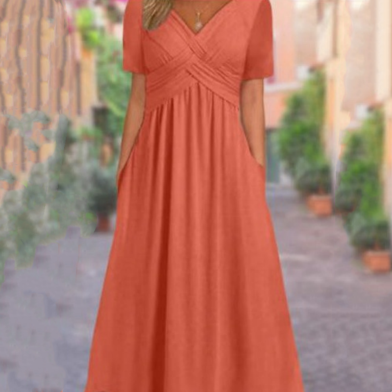 Vestidos de mulher de manga curta e decote em V