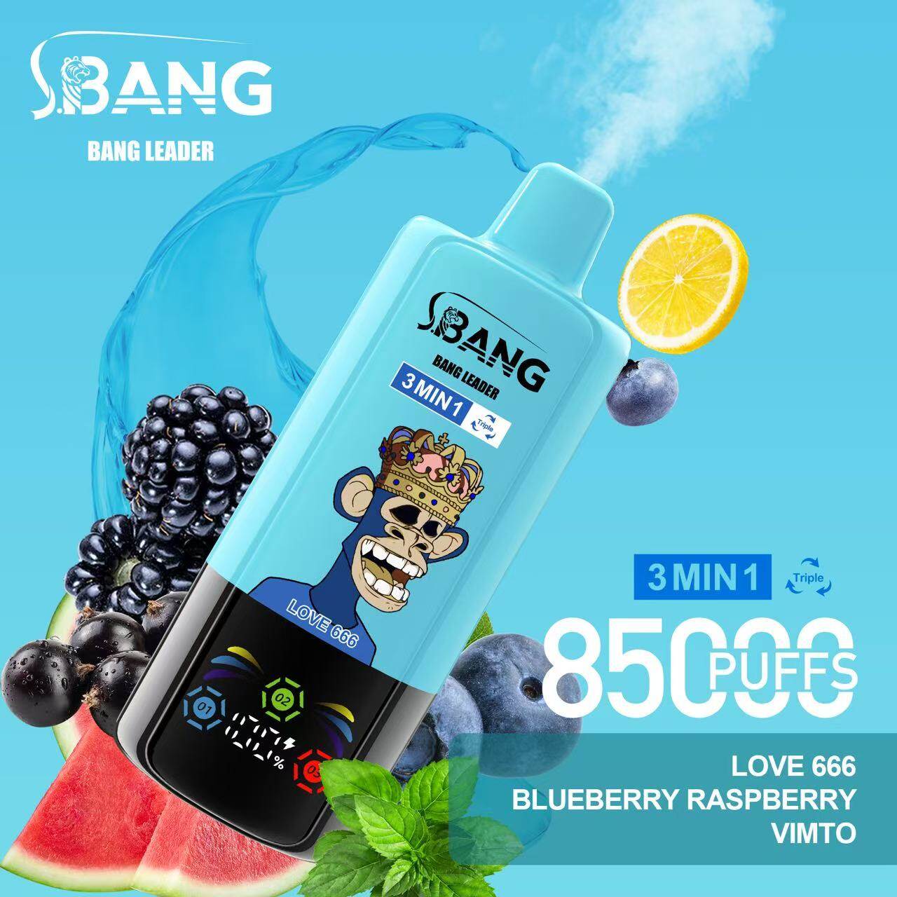 Bang Leader Triple 85000 85k Puffs Jednorazové vaporizačné 3 v 1 príchute 0% 2% 3% 5% nikotínu 15 príchutí LED obrazovka | Vape Factory Direct