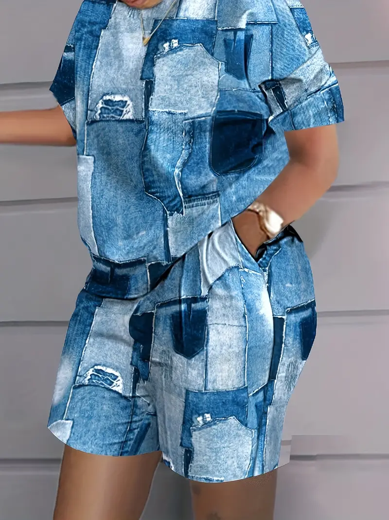 Conjunto casual de duas peças com estampa de letras laranja, gola redonda, manga curta