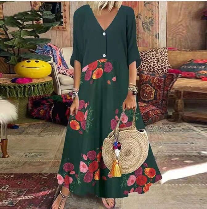Primavera e verão novo estilo com decote em v manga curta impresso vestido longo abotoado saia casual