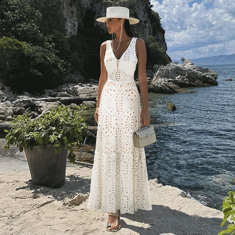 🔥 V Neck Solid Color Laser Cutting Flower One Piece Set