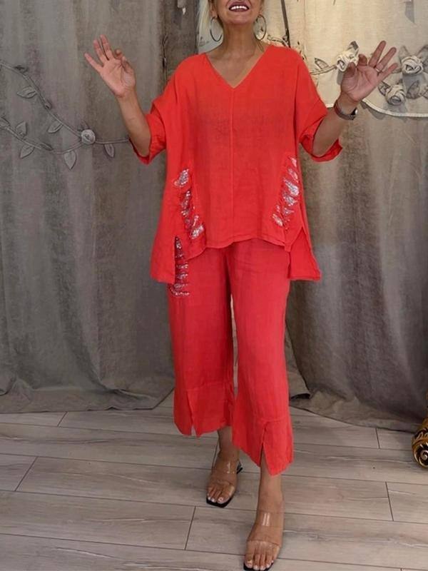 Fato Feminino De Duas Peças Em Algodão E Linho, Com Decote Em V E Lantejoulas