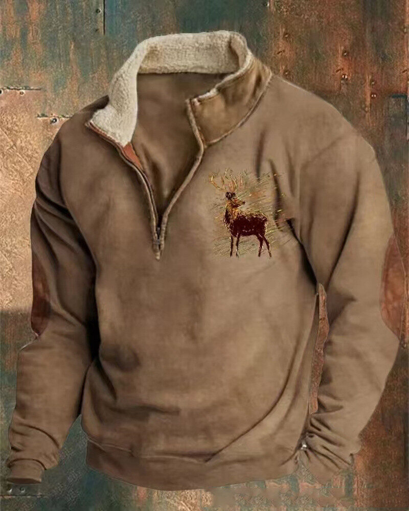 Pulôver masculino com gola alta estampada estilo ocidental e zíper