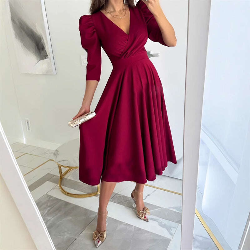🌸Ocasiões especiais de primavera💐 Vestido midi plissado com decote em V feminino, cintura fina