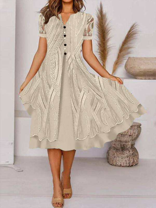 Ležérní retro potisk Midi šaty s knoflíkem do V a krátkým rukávem