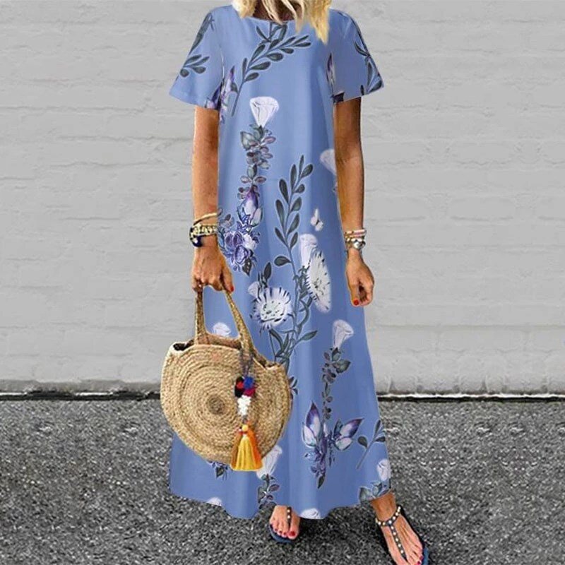 Saia longa multi-tamanho feminino verão em torno do pescoço manga curta impresso vestido de bolso evasê