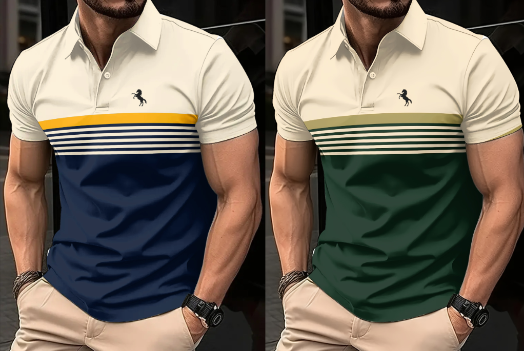 Pack de 2 camisas polo casuais de manga curta para homem, estampa de cavalo 3D, riscas coloridas, estilo desportivo, tecido de poliéster leve, camisa polo de golfe com botões