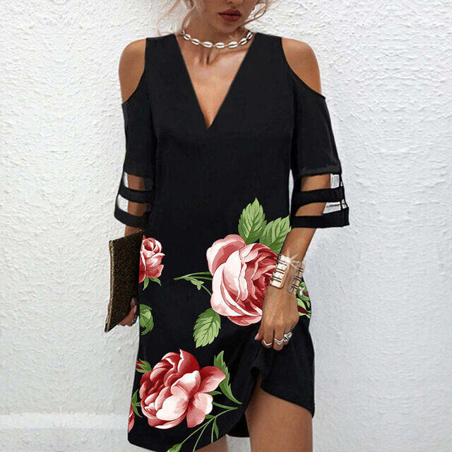 Vestido de verão novo estilo com decote em V floral malha emenda meia manga