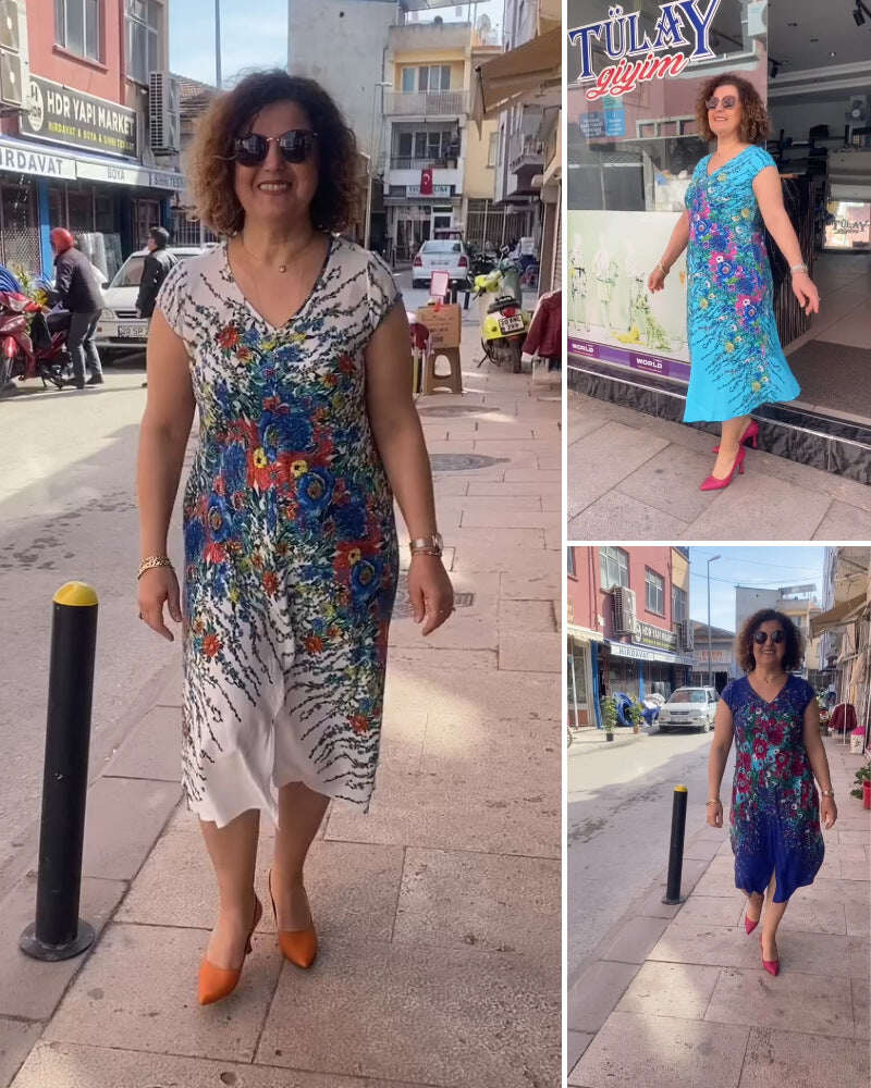 Vestido estampado com decote em V 2025