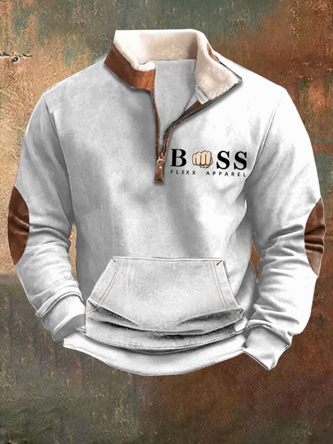 Sweatshirt de homem com estampado de letras vintage com gola alta e fecho