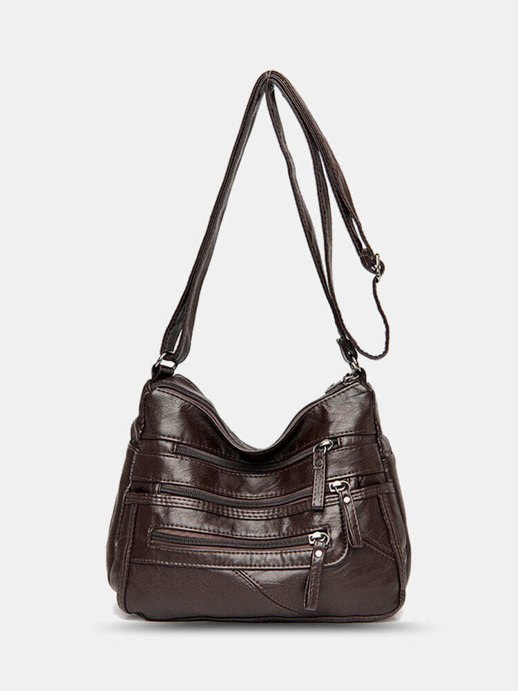 Bolsa de ombro feminina em couro PU com vários bolsos antirroubo