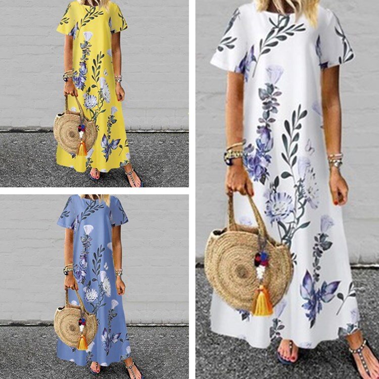 Saia longa multi-tamanho feminino verão em torno do pescoço manga curta impresso vestido de bolso evasê