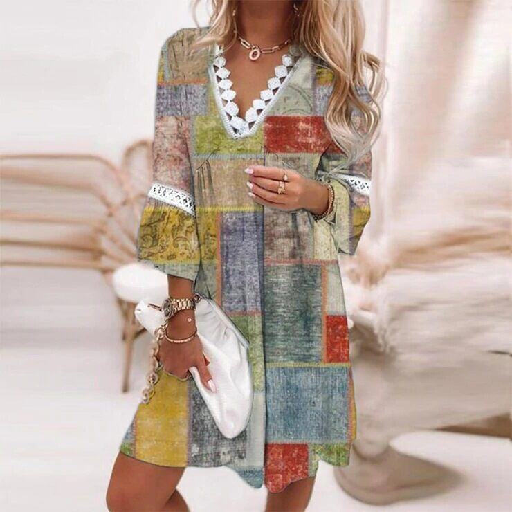 Novo vestido de verão com retalhos de renda estampado em algodão e linho