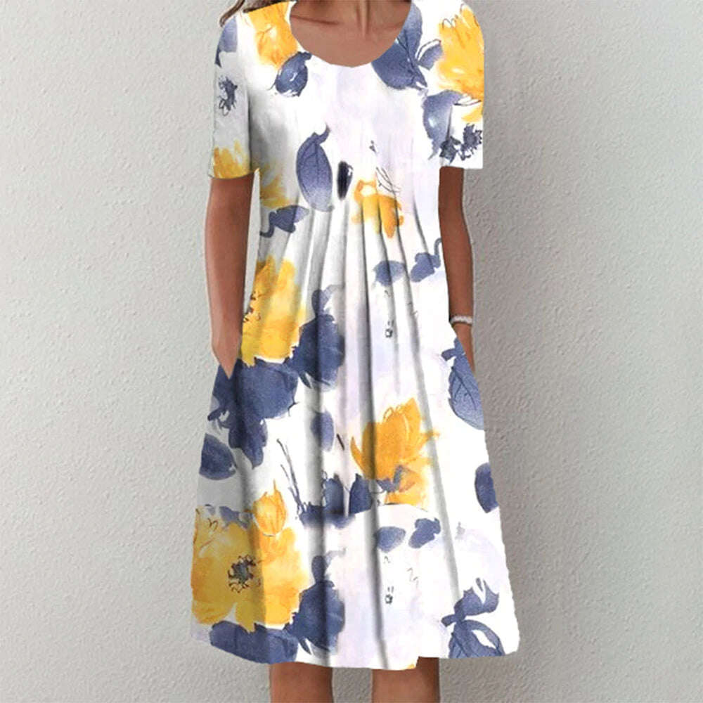 Svěží midi šaty s květinovým potiskem s krátkým rukávem