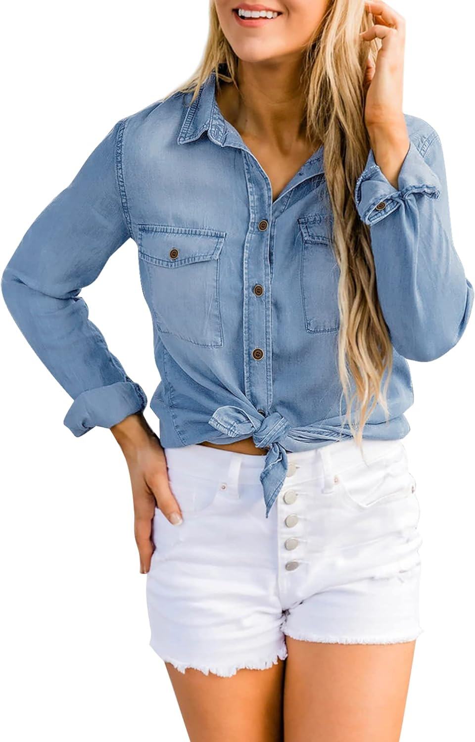 luvamia farmer ing Női Chambray Jean Western Shirts Hosszú ujjú gombos felsők