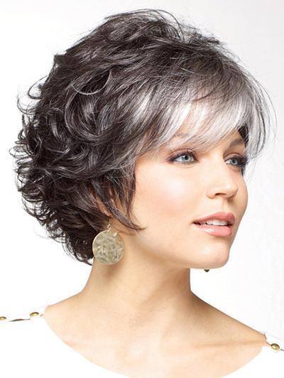 Brown Silver Gradient Short Curly Fluffy Hair Slant Bangs Wigs