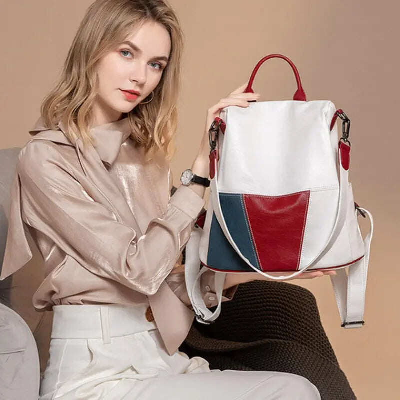 Mochila anti-roubo de cor macia de couro na moda nova primavera com grande capacidade