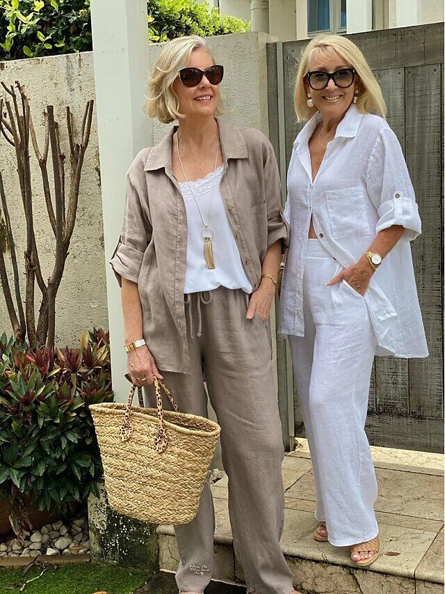 Camisa de lapela de cor sólida, top de algodão e linho e calças S-5XL