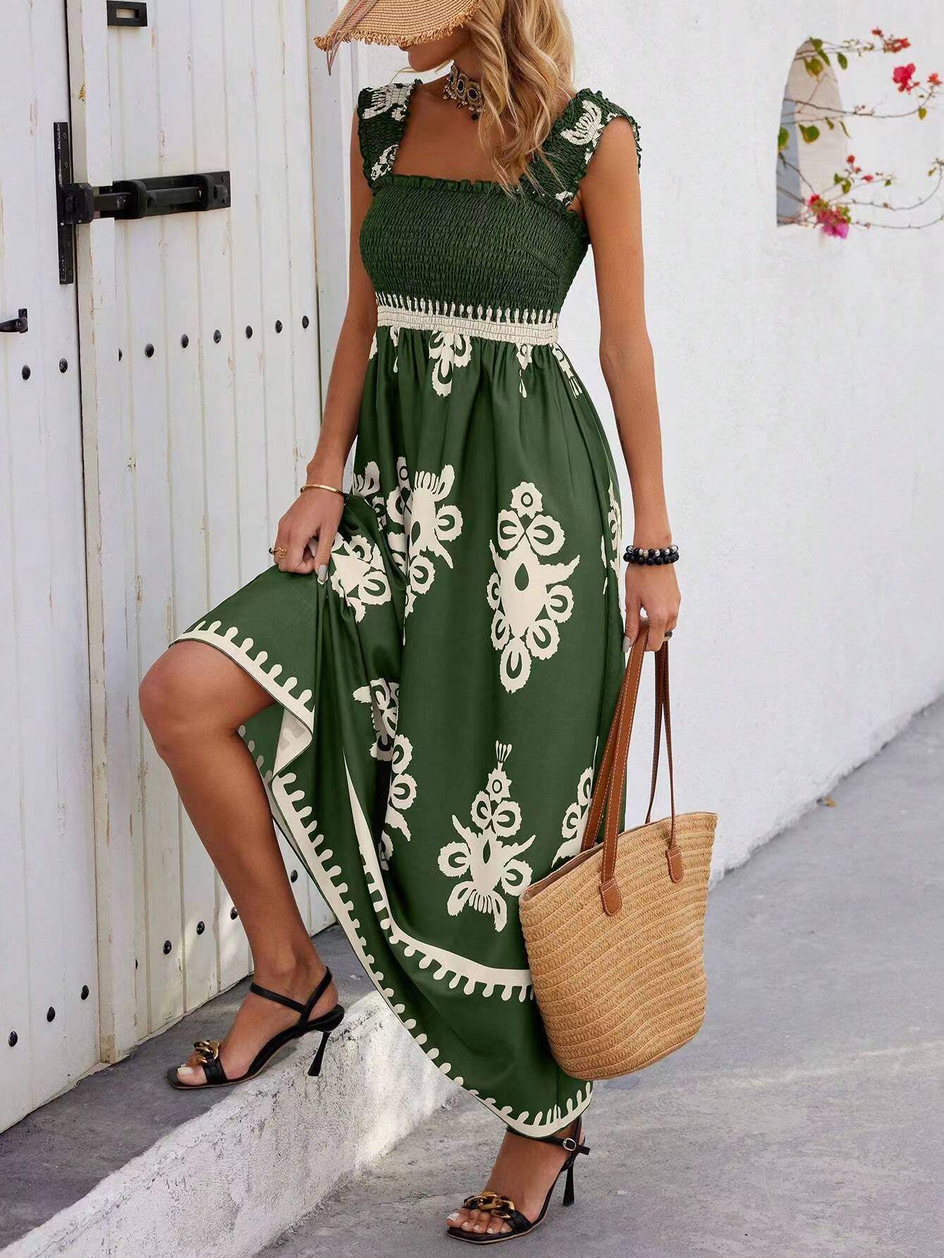 Vestido midi feminino estilo resort estampado com frente cruzada