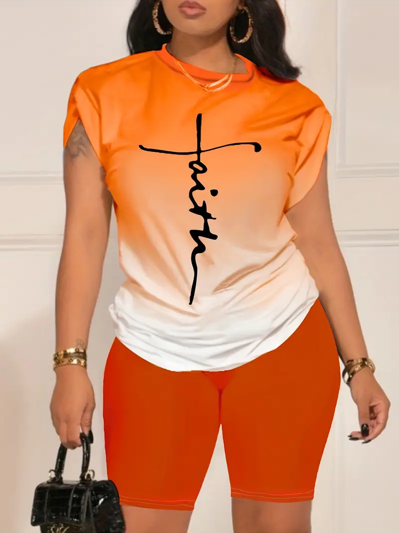 Conjunto casual de duas peças com estampa de letras laranja, gola redonda, manga curta