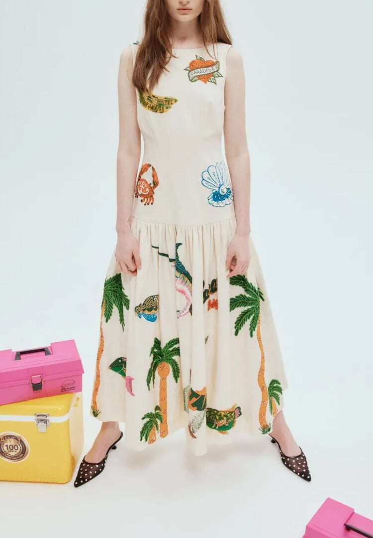 Vestido longo de linho com amêijoas