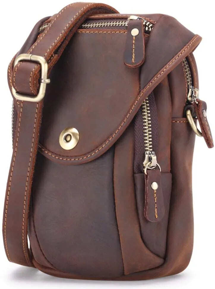 Bolsa de ombro pequena de couro com bolso, bolsa crossbody para celular, bolsa para dinheiro, carteira, bolsa de cintura, pochete para homens