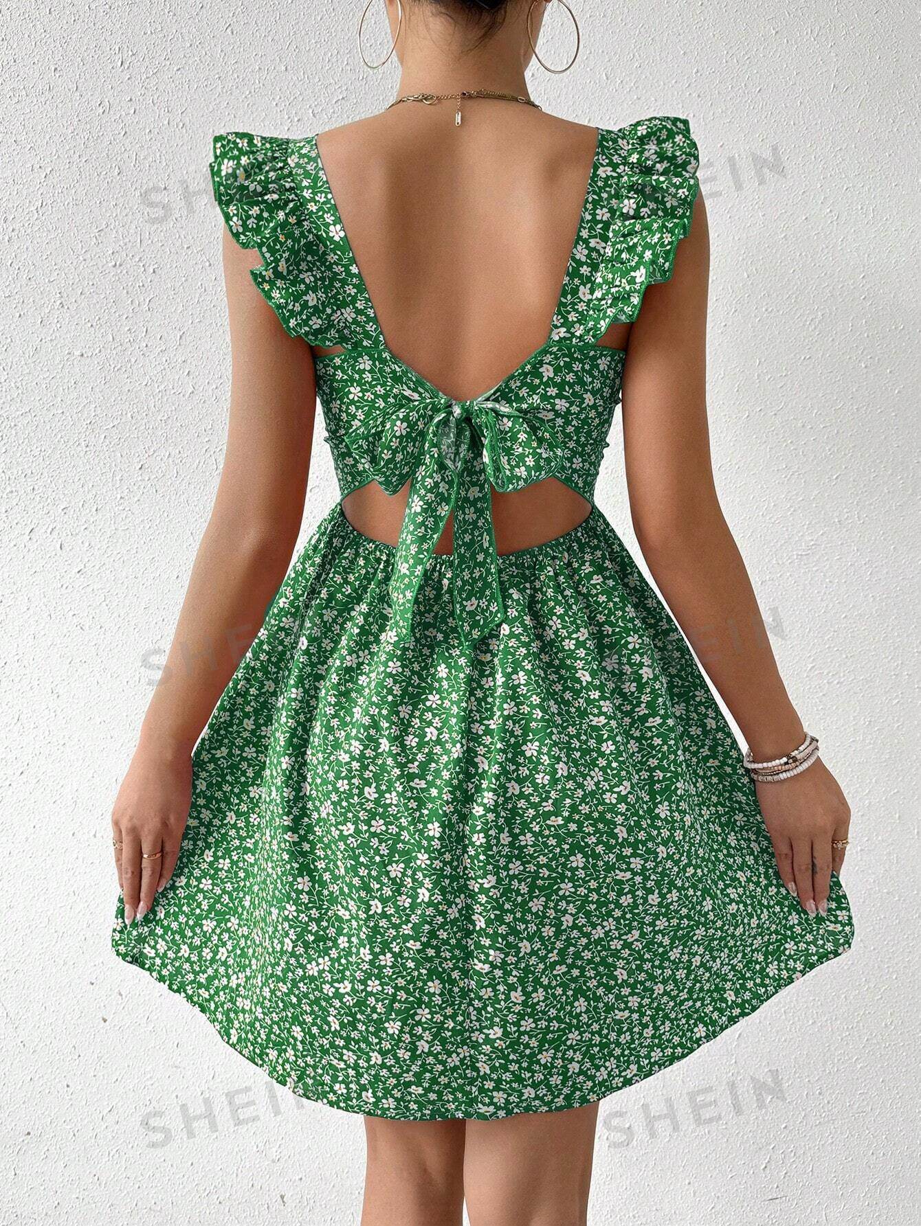 Vestido de primavera e verão com decote quadrado e babados nos ombros