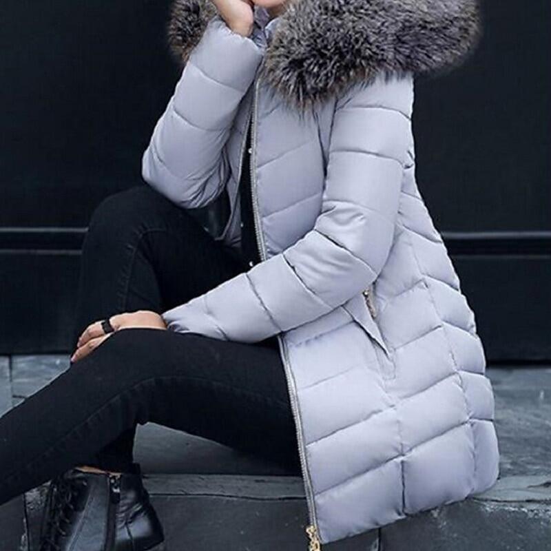 Nova jaqueta feminina de comprimento médio slim fit com gola de pele grande