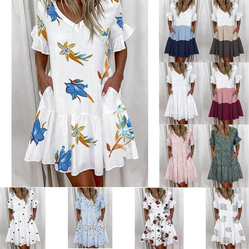 2024 moda primavera e verão vestido curto estampado com babados e bolso para mulheres