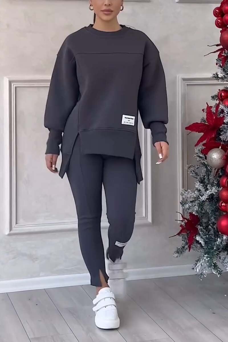 Conjunto feminino casual de cor sólida com gola redonda e manga comprida