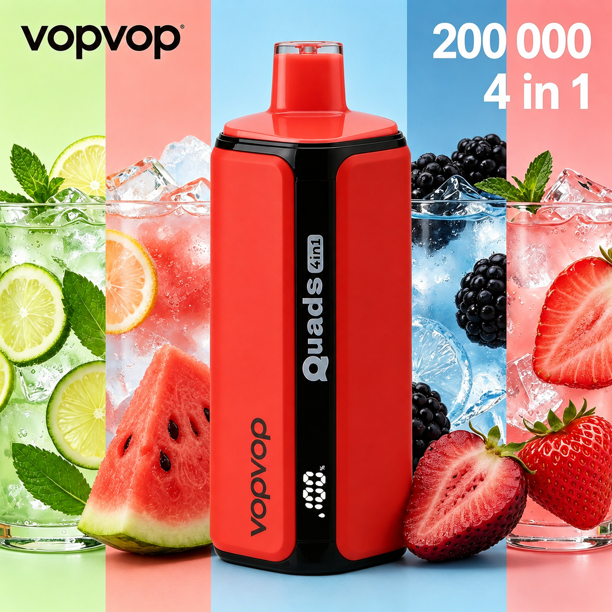 🚀 VOPVOP 200K – 200 000 slukkot bír ki | Négy íz egyben | Eldobható elektronikus cigaretta, nikotintartalom 0% / 2% / 5% • 10 íz