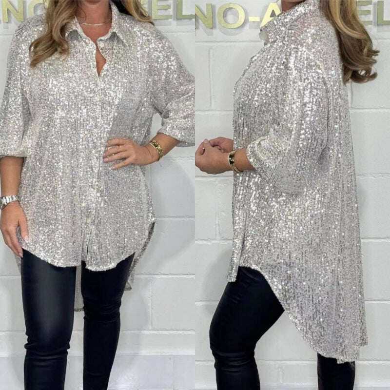 Blusa solta da moda feminina com lantejoulas