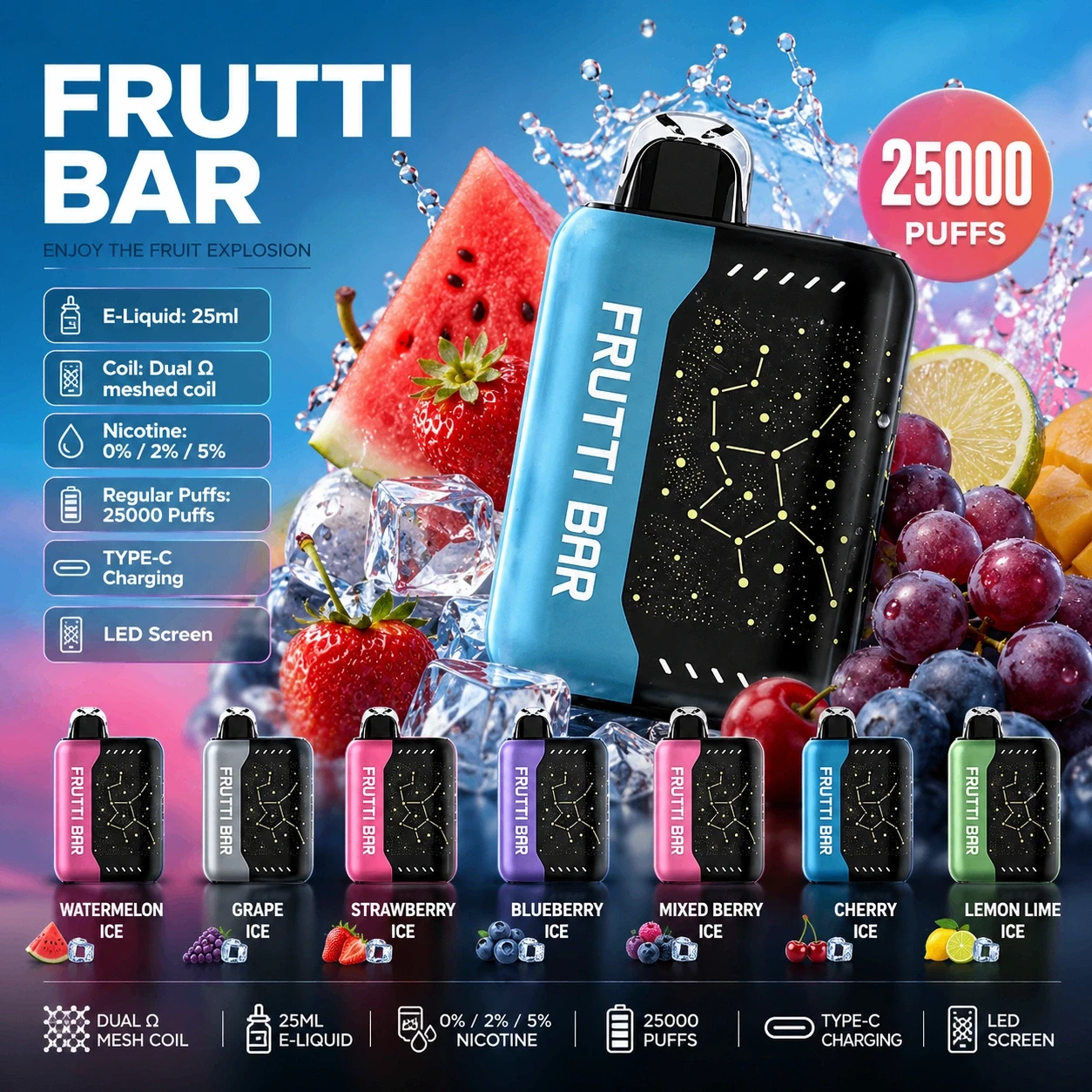 Frutti Bar 25000 Puffs Vape, jeges gyümölcsös ízek