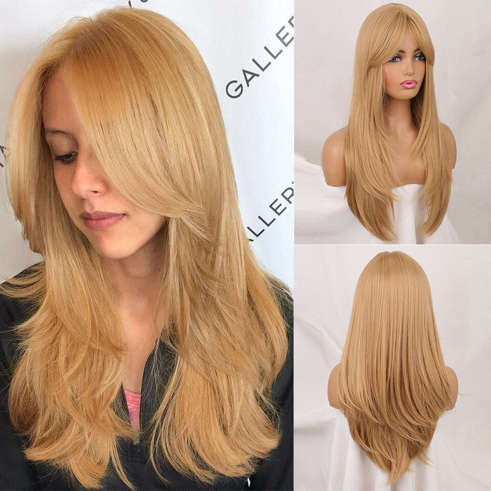 Ins Hot Ombre Blonde Wig with Bangs Long Curly Wig