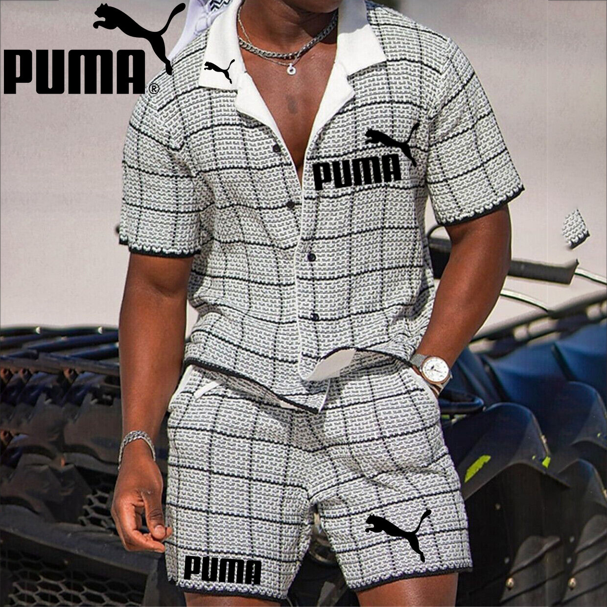 Terno masculino elegante de duas peças composto por uma camisa e shorts