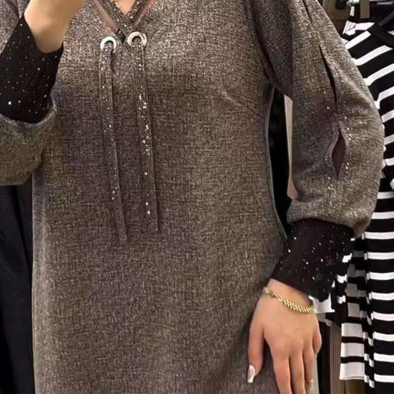 Vestido feminino de manga comprida com decote em V