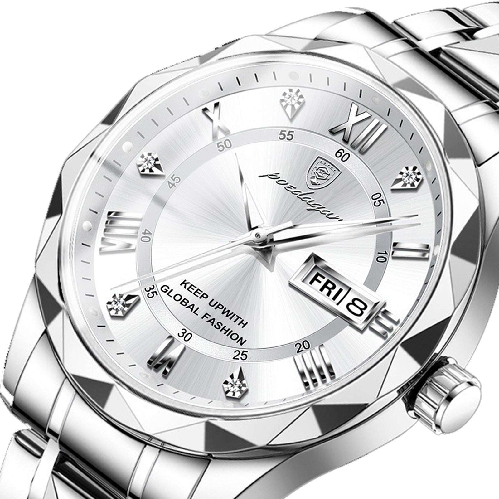 Швейцарски мъжки часовник със стоманена гривна и двойна дата