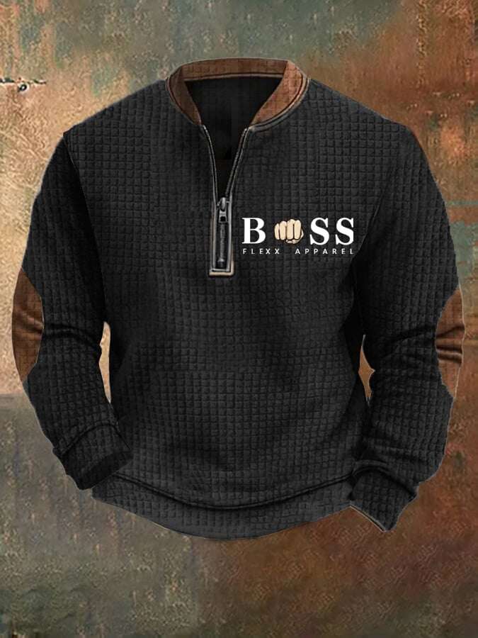 Sweatshirt retro para homem com design de letras estampado com gola com fecho e jacquard quadrado