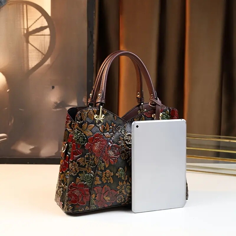 Floral Handbag for Wo, Autumn Winter New Arrival, Hand-Painted Tote with Zipper Closure