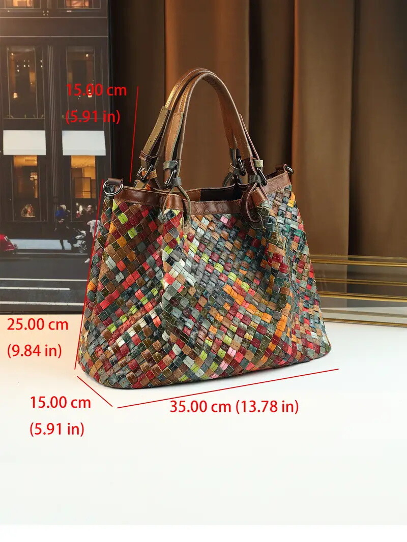 Women's Handbag - Colorful Woven Pattern Genuine Leather Tote with Adjustable Shoulder Strap, Large Capacity Crossbody/Handbag, Grid & Wave Dot Design, Zipper Closure, Rhinestone Accents for Casual & Formal Use,